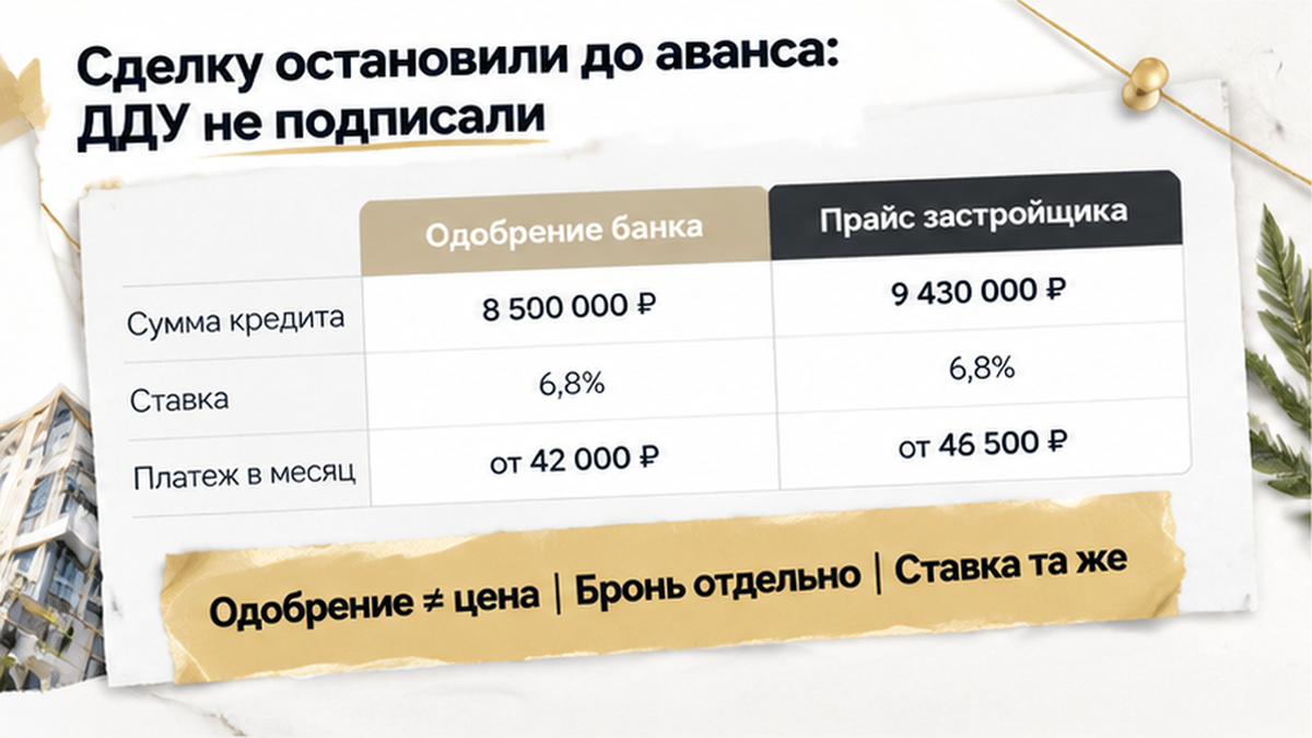 сравнительная таблица с колонками по новостройке в Тюмени: Одобрение ≠ цена, Бронь отдельно, Ставка та же — иллюстрация к разбору сделки.