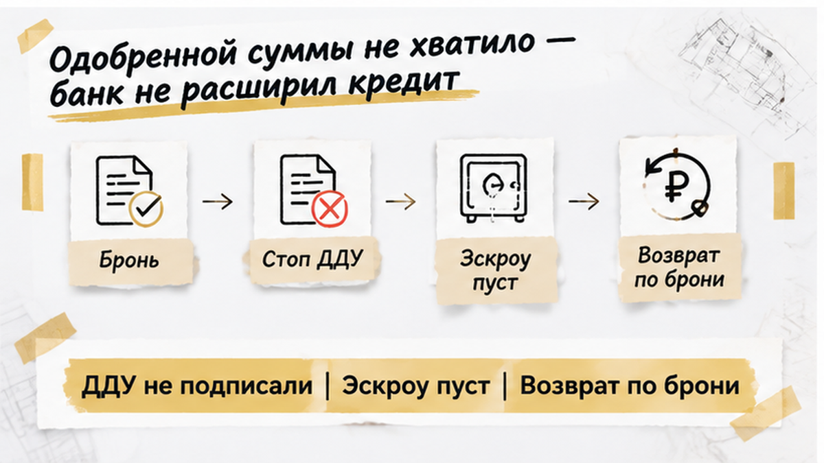 схема устройства механизма по новостройке в Тюмени: ДДУ не подписали, Эскроу пуст, Возврат по брони — иллюстрация к разбору сделки.