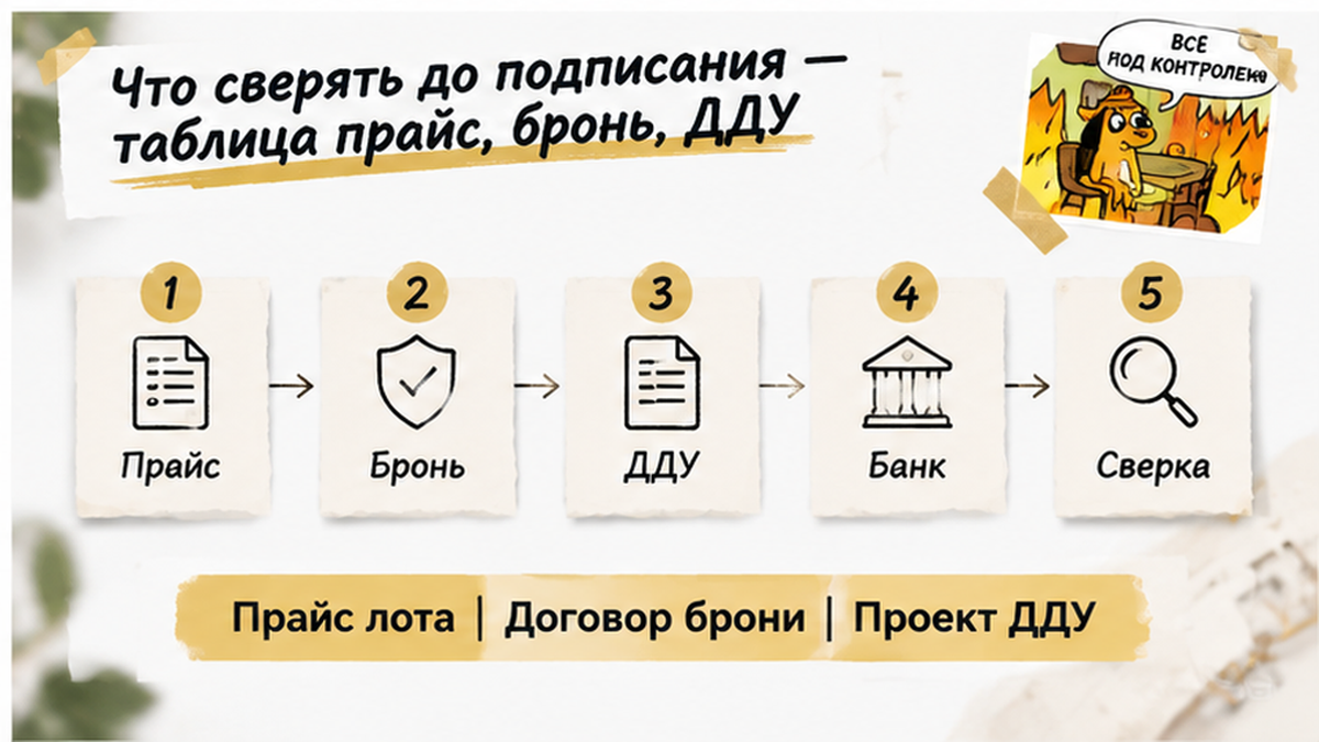нумерованный процесс / таймлайн по новостройке в Тюмени: Прайс лота, Договор брони, Проект ДДУ — иллюстрация к разбору сделки.