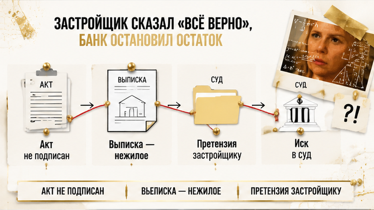 схема устройства механизма по новостройке в Тюмени: акт не подписан, выписка — нежилое, претензия — иллюстрация к разбору сделки.