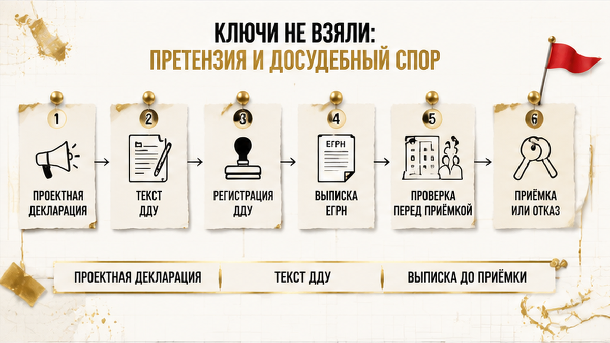 нумерованный процесс / таймлайн по новостройке в Тюмени: проектная декларация, текст ДДУ, выписка до приёмки — иллюстрация к разбору сделки.