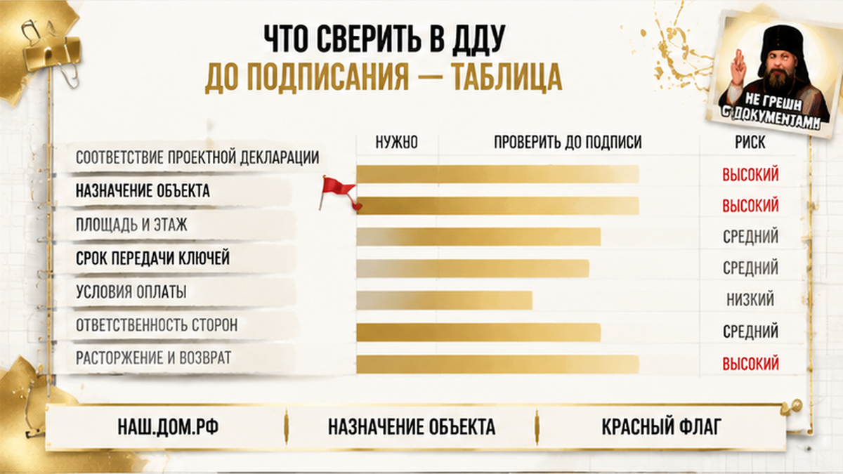 график / шкала сроков по новостройке в Тюмени: наш.дом.рф, назначение объекта, красный флаг — иллюстрация к разбору сделки.
