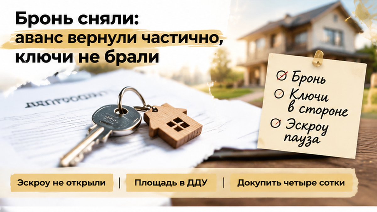 реалистичный кадр (без лица хоста) к разделу «Бронь сняли: аванс вернули частично, ключи не б…» в Тюмени — иллюстрация к кейсу о сделке.