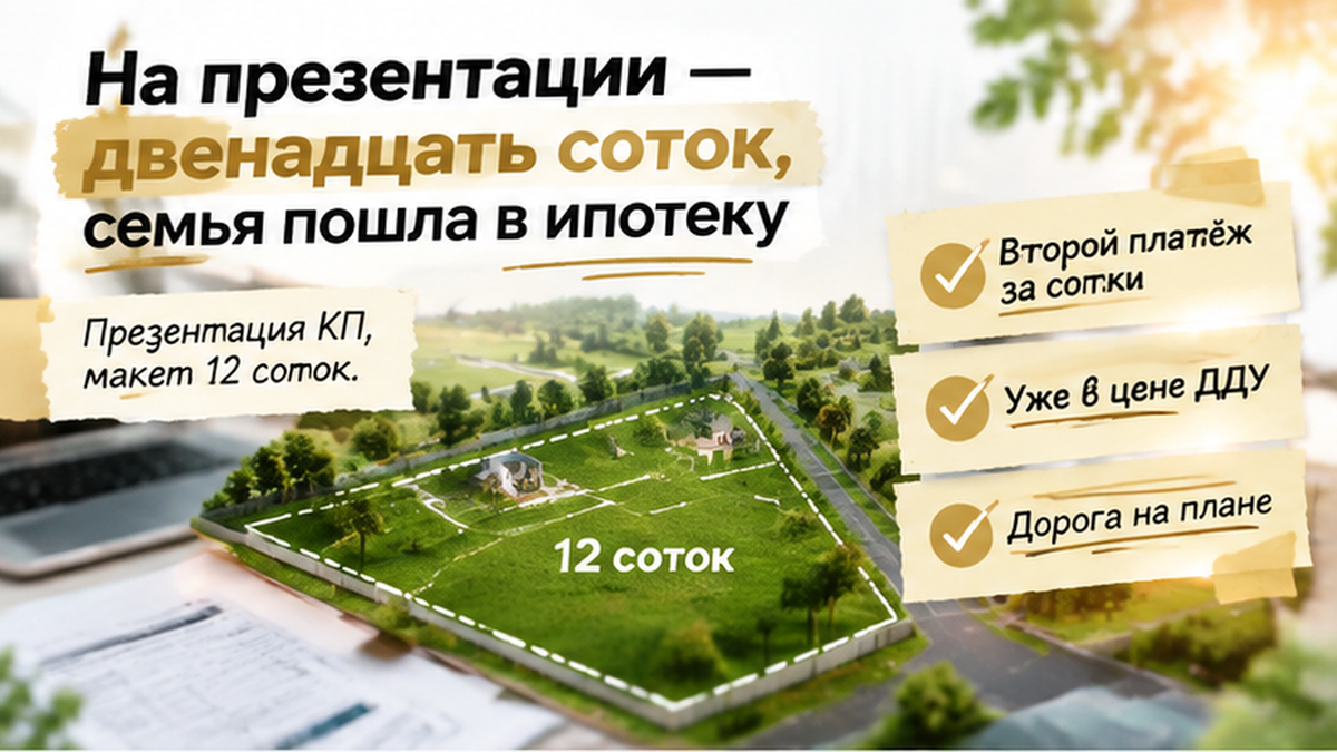 реалистичный кадр (без лица хоста) к разделу «На презентации — двенадцать соток, семья пошла…» в Тюмени — иллюстрация к кейсу о сделке.
