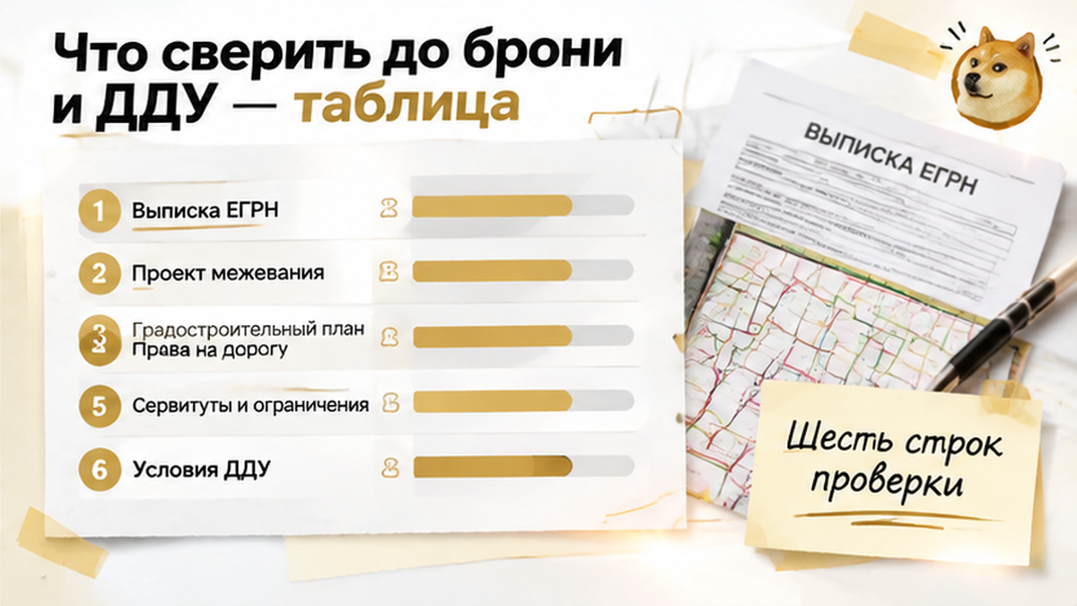 график / шкала сроков по новостройке в Тюмени: Выписка ЕГРН, Проект межевания, Шесть строк проверки — иллюстрация к разбору сделки.