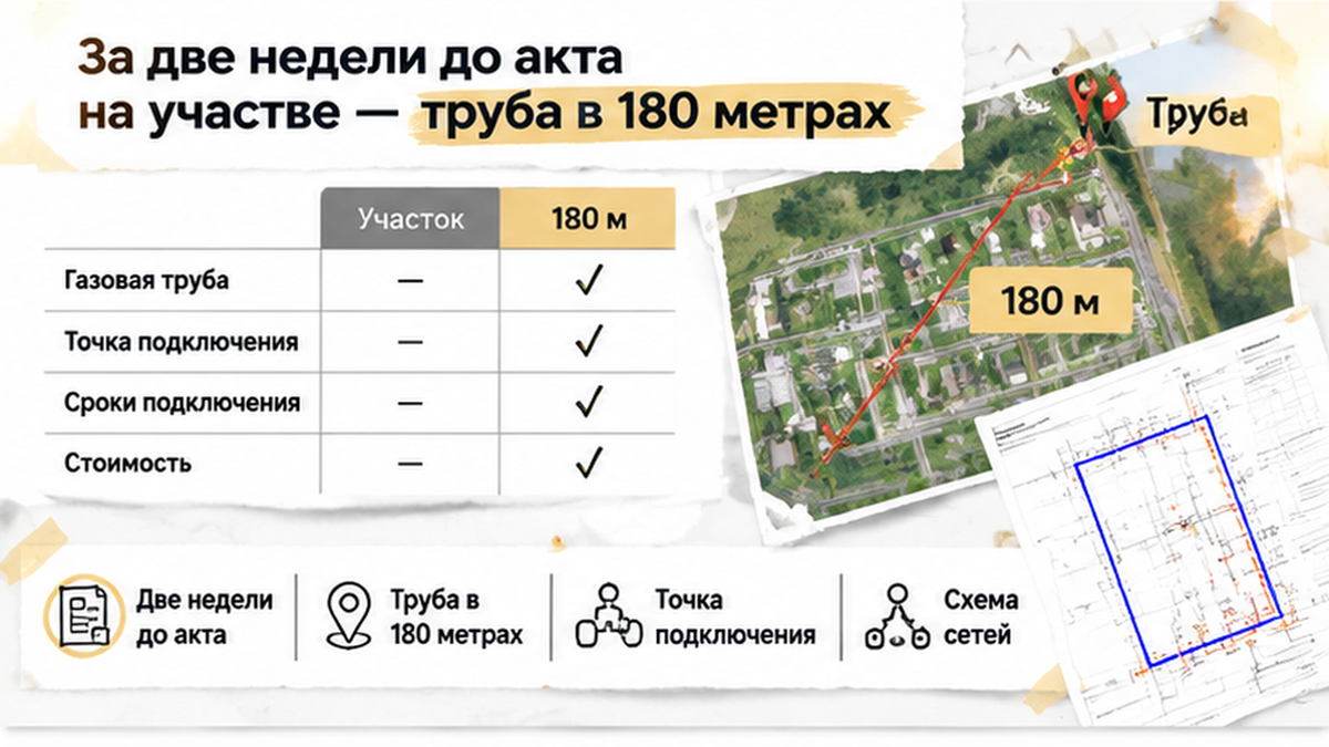 сравнительная таблица с колонками по новостройке в Тюмени: Две недели до акта, Труба в 180 метрах, Точка подключения — иллюстрация к…