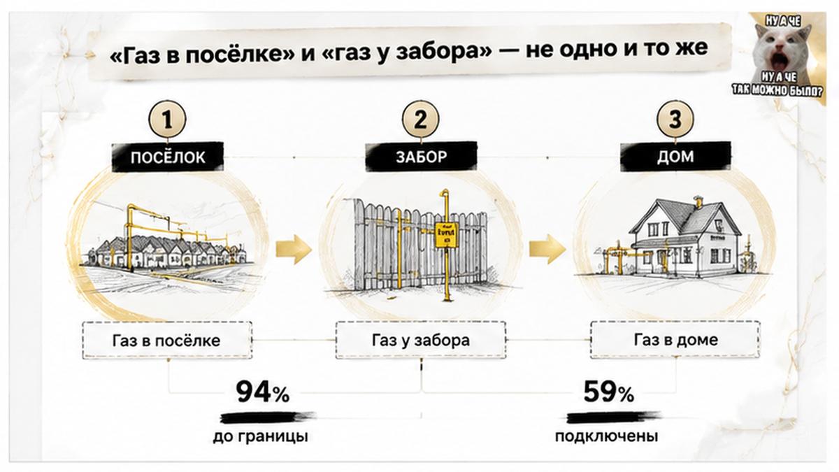 нумерованный процесс / таймлайн по новостройке в Тюмени: Газ в посёлке, Газ у забора, 94% до границы — иллюстрация к разбору сделки.