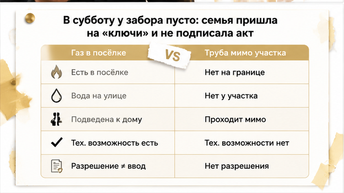 сравнительная таблица с колонками по новостройке в Тюмени: Газ в посёлке, Вода на улице, Труба мимо участка — иллюстрация к разбору сделки.