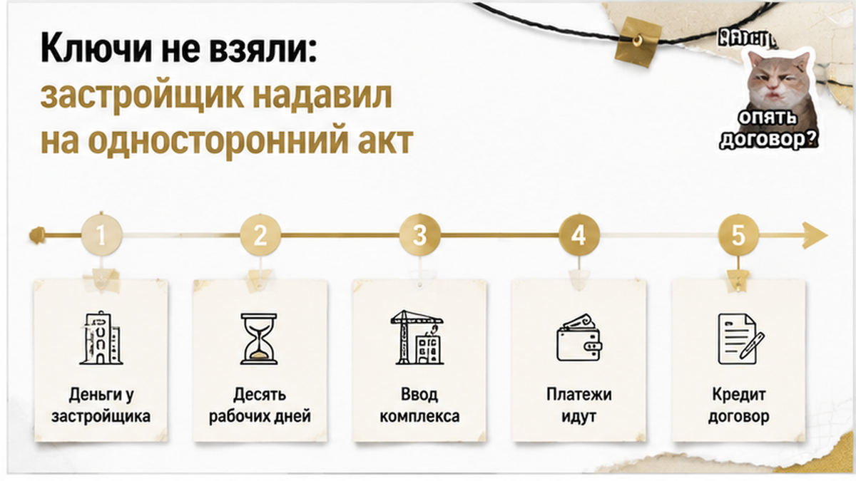 нумерованный процесс / таймлайн по новостройке в Тюмени: Деньги у застройщика, Десять рабочих дней, Ввод комплекса — иллюстрация к разбору…