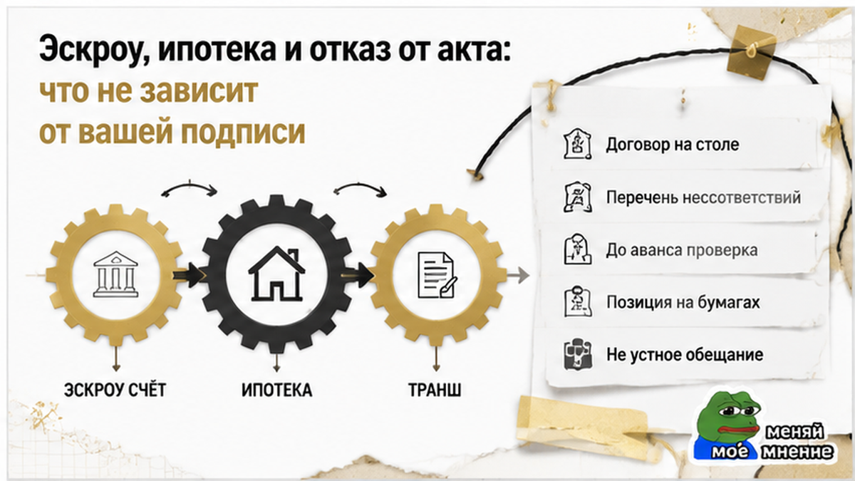 схема устройства механизма по новостройке в Тюмени: ДДУ в папке, Перечень несоответствий, До аванса проверка — иллюстрация к разбору сделки.