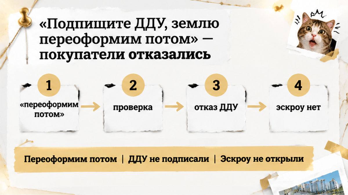 нумерованный процесс / таймлайн по новостройке в Тюмени: Переоформим потом, ДДУ не подписали, Эскроу не открыли — иллюстрация к разбору…