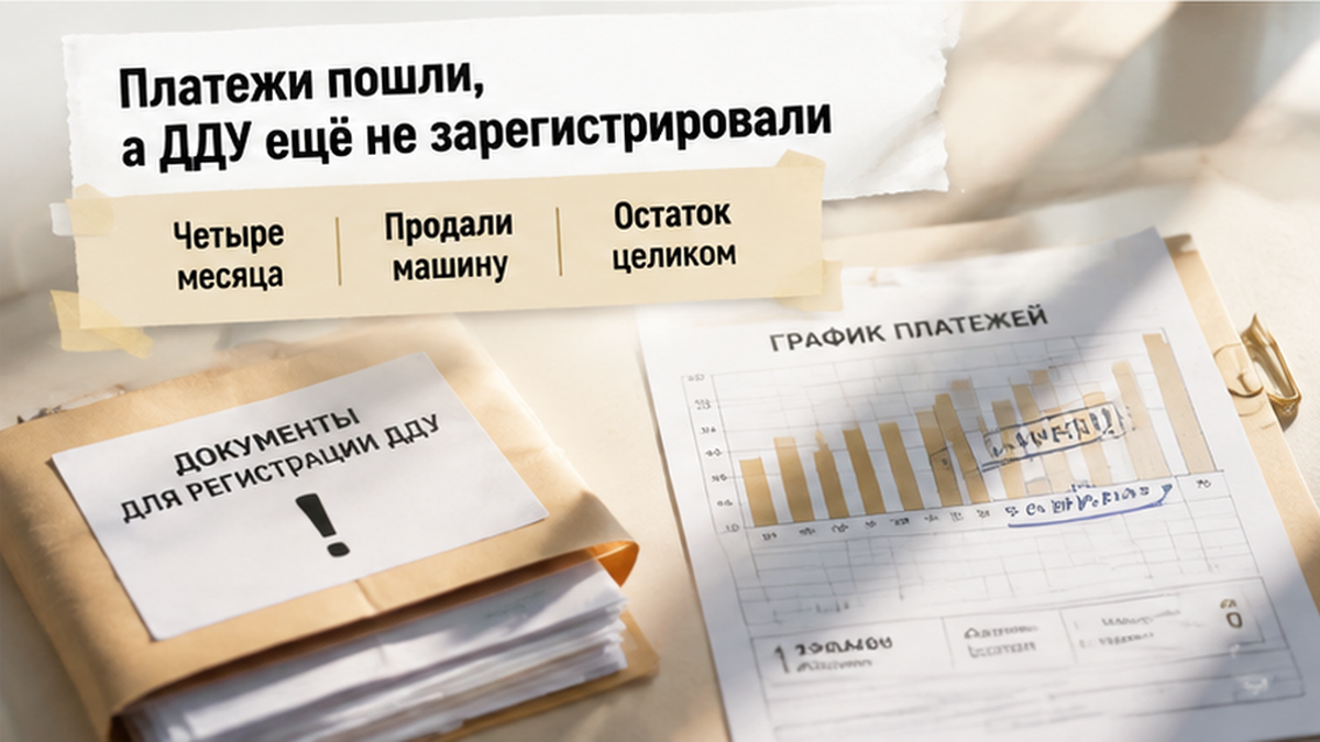 реалистичный кадр (без лица хоста) к разделу «Платежи пошли, а ДДУ ещё не зарегистрировали» в Тюмени — иллюстрация к кейсу о сделке.