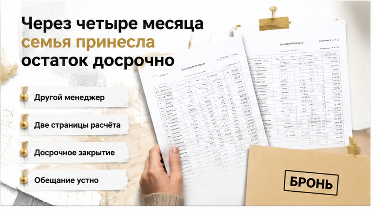 реалистичный кадр (без лица хоста) к разделу «Через четыре месяца семья принесла остаток доср…» в Тюмени — иллюстрация к кейсу о сделке.