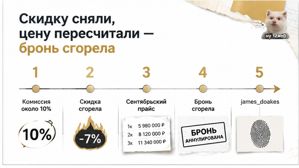 нумерованный процесс / таймлайн по новостройке в Тюмени: Комиссия около 10%, Скидка сгорела, Сентябрьский прайс — иллюстрация к разбору…