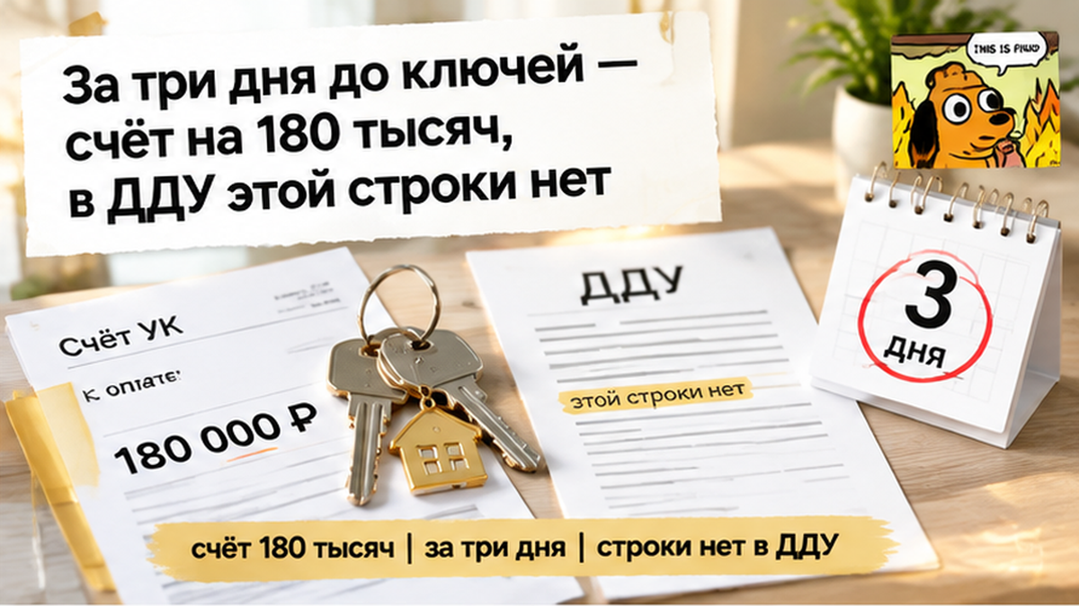 реалистичный кадр (без лица хоста) к разделу «За три дня до ключей — счёт на 180 тысяч, в ДДУ…» в Тюмени — иллюстрация к кейсу о сделке.