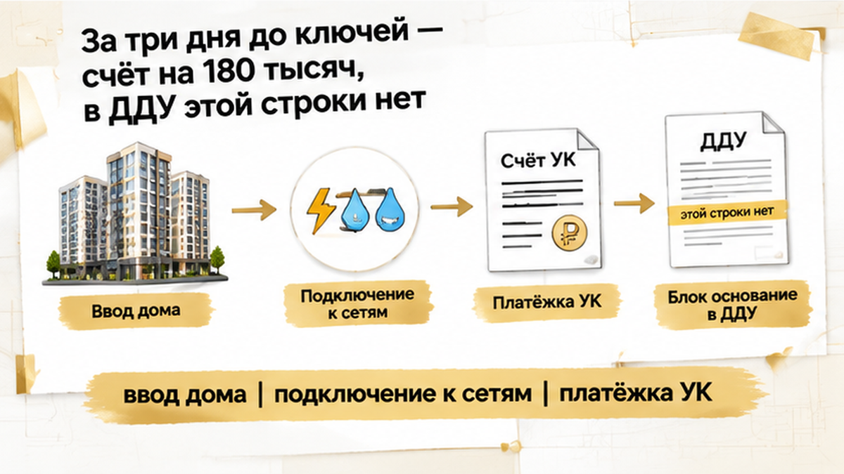 схема устройства механизма по новостройке в Тюмени: ввод дома, подключение к сетям, платёжка УК — иллюстрация к разбору сделки.
