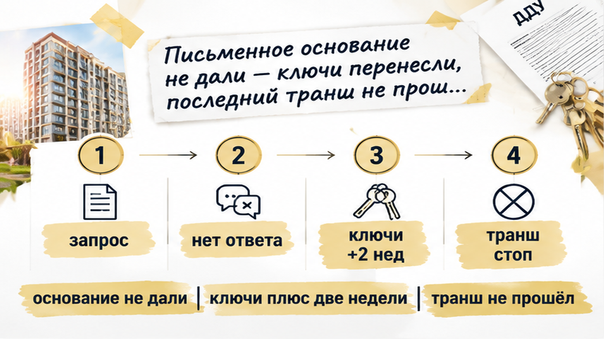 нумерованный процесс / таймлайн по новостройке в Тюмени: основание не дали, ключи плюс две недели, транш не прошёл — иллюстрация к разбору…