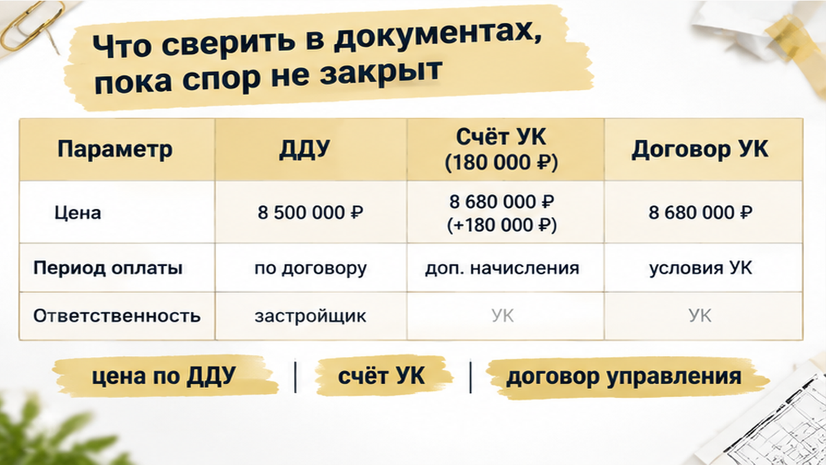 сравнительная таблица с колонками по новостройке в Тюмени: приложения к договору, обязательства застройщика, условия передачи ключей —…