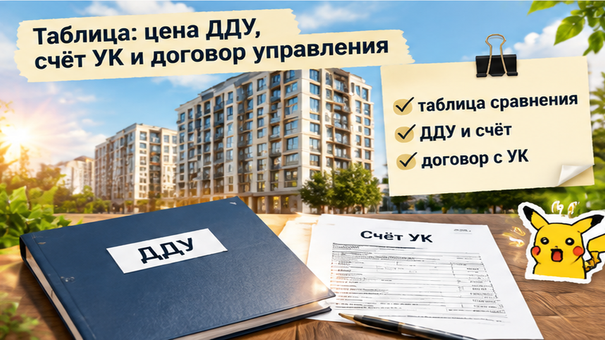 реалистичный кадр (без лица хоста) к разделу «Таблица: цена ДДУ, счёт УК и договор управления» в Тюмени — иллюстрация к кейсу о сделке.
