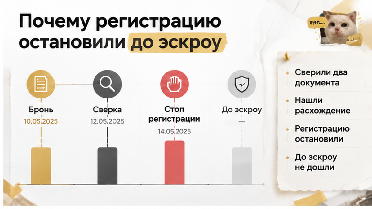 график / шкала сроков по новостройке в Тюмени: Сверили два документа, Нашли расхождение, Регистрацию остановили — иллюстрация к разбору…