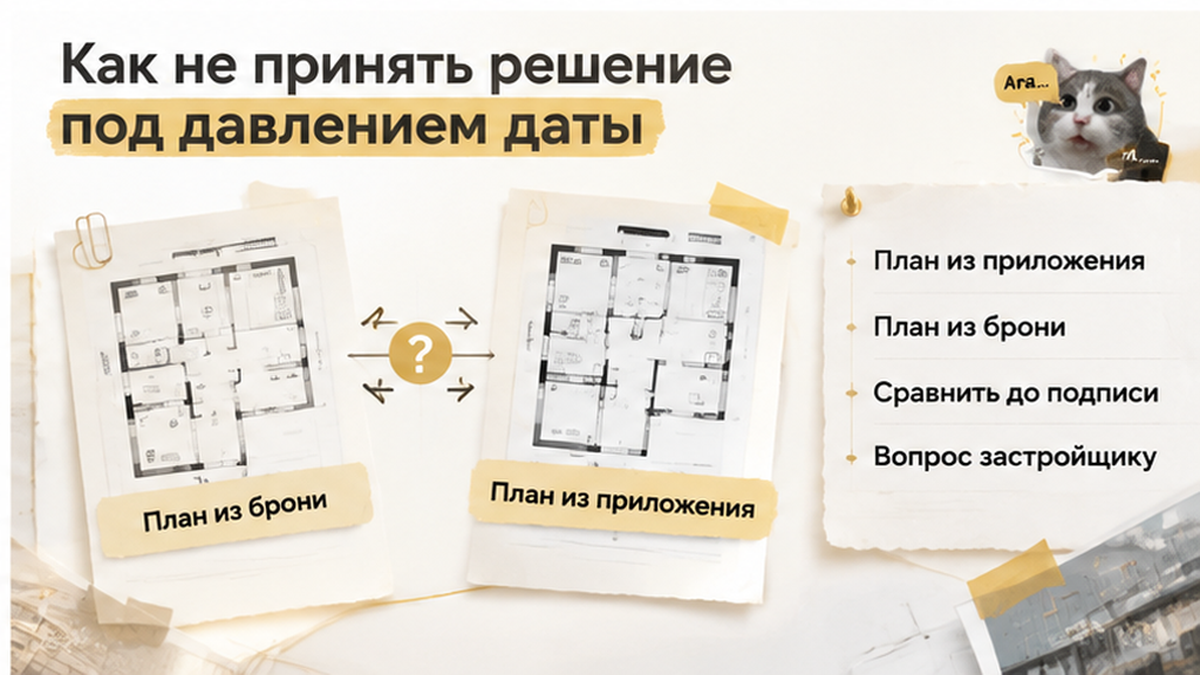 схема устройства механизма по новостройке в Тюмени: План из приложения, План из брони, Сравнить до подписи — иллюстрация к разбору сделки.