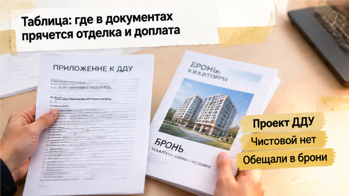 реалистичный кадр (без лица хоста) к разделу «Таблица: где в документах прячется отделка и до…» в Тюмени — иллюстрация к кейсу о сделке.