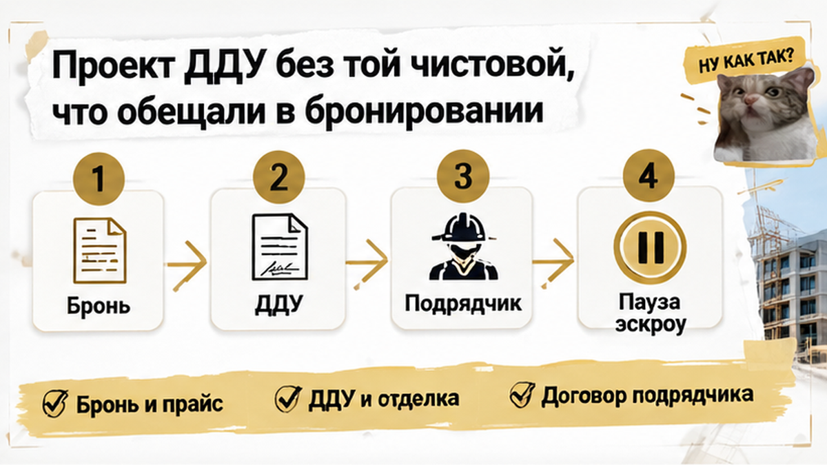 нумерованный процесс / таймлайн по новостройке в Тюмени: Бронь и прайс, ДДУ и отделка, Договор подрядчика — иллюстрация к разбору сделки.