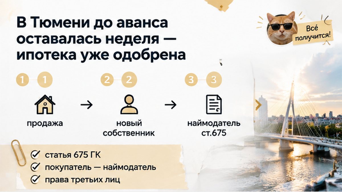 нумерованный процесс / таймлайн по новостройке в Тюмени: статья 675 ГК, покупатель — наймодатель, права третьих лиц — иллюстрация к…