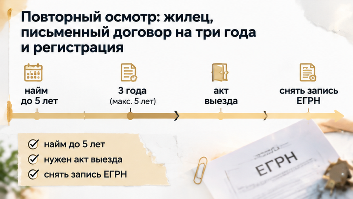 график / шкала сроков по новостройке в Тюмени: найм до 5 лет, нужен акт выезда, снять запись ЕГРН — иллюстрация к разбору сделки.