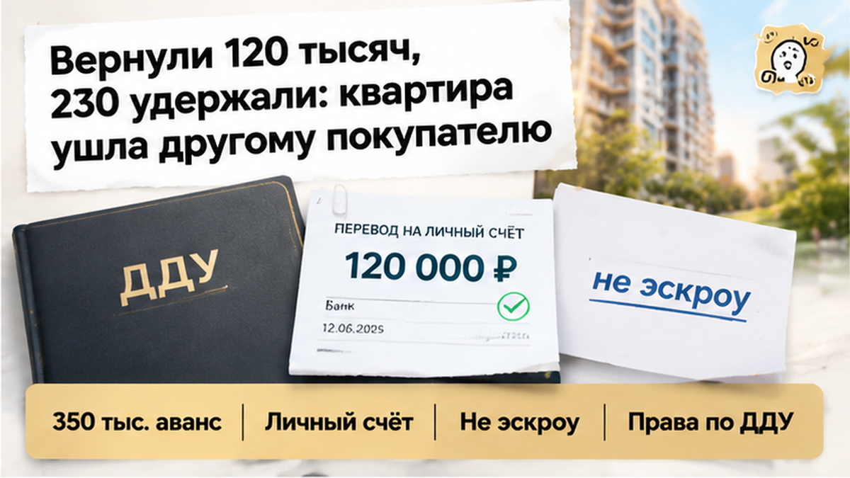 реалистичный кадр (без лица хоста) к разделу «Вернули 120 тысяч, 230 удержали: квартира ушла…» в Тюмени — иллюстрация к кейсу о сделке.