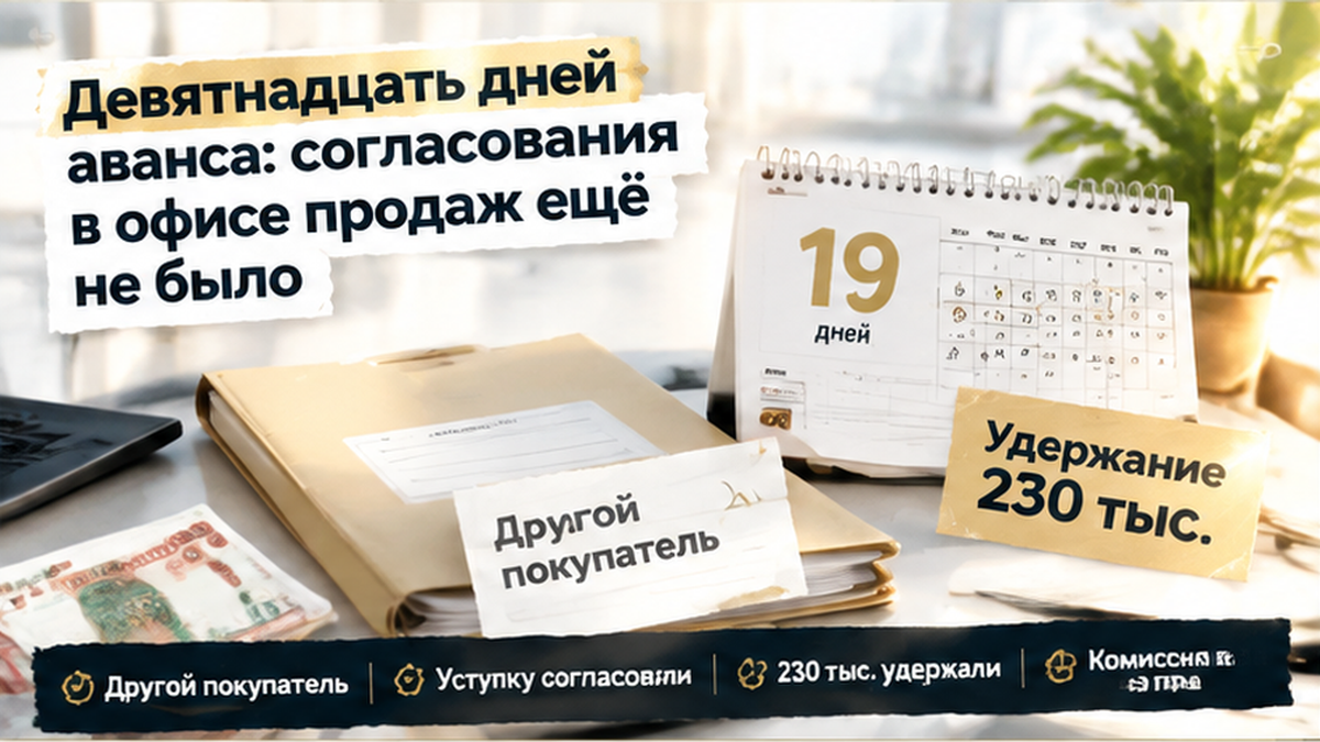 реалистичный кадр (без лица хоста) к разделу «Девятнадцать дней аванса: согласования в офисе…» в Тюмени — иллюстрация к кейсу о сделке.