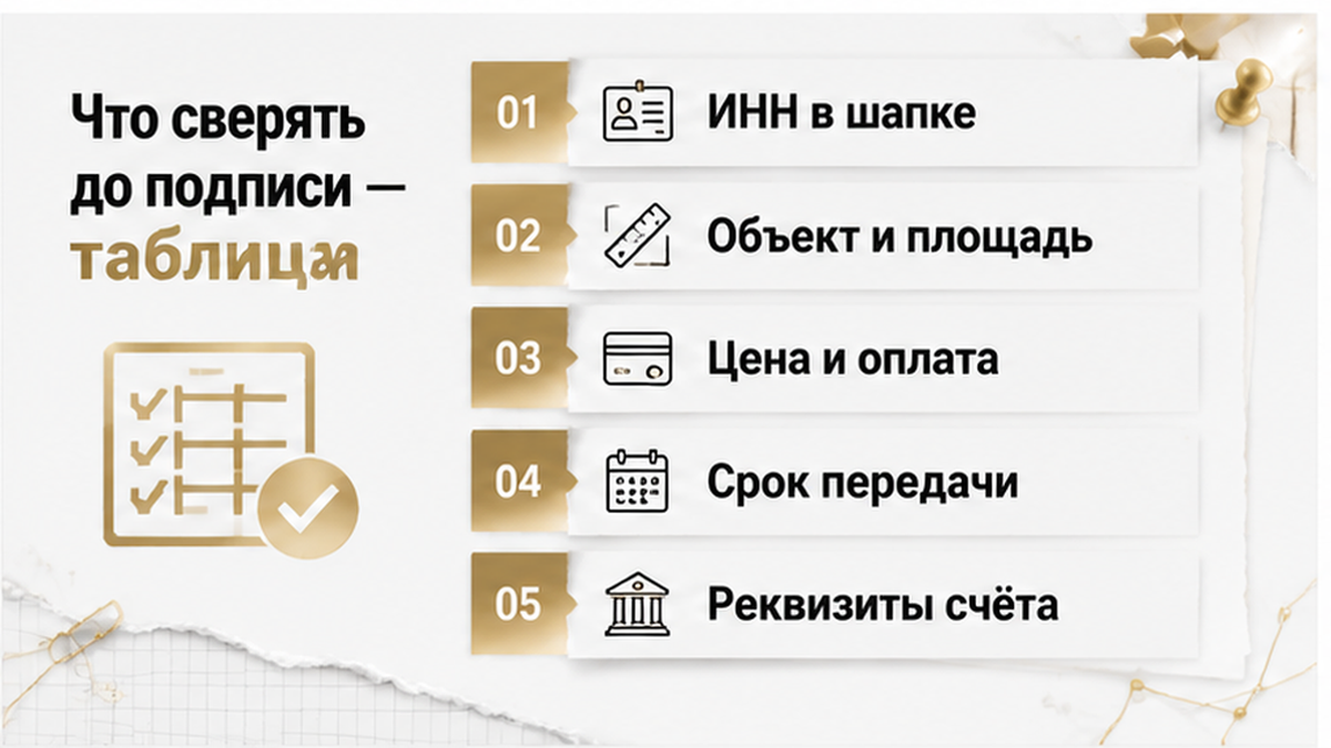Проверка договора: ИНН в шапке, Объект и площадь, Цена и оплата в Тюмени.