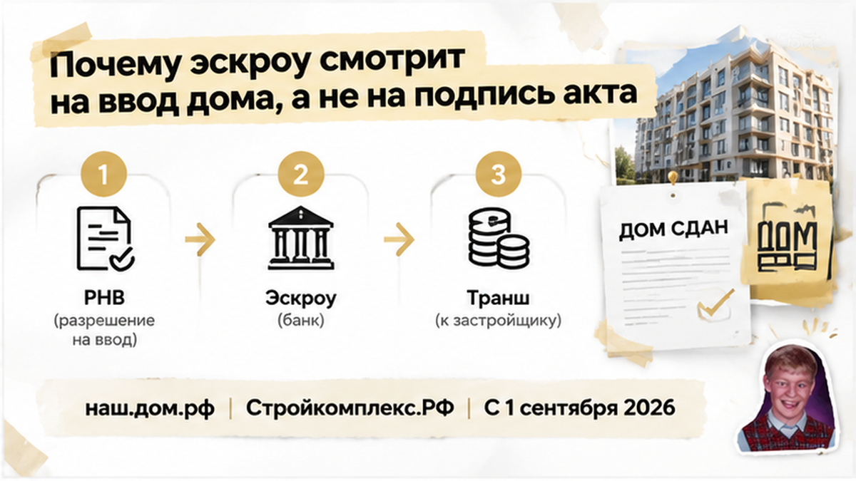 нумерованный процесс / таймлайн по новостройке в Тюмени: наш.дом.рф, Стройкомплекс.РФ, С 1 сентября 2026 — иллюстрация к разбору сделки.