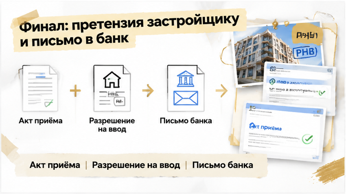 схема устройства механизма по новостройке в Тюмени: Акт приёма, Разрешение на ввод, Письмо банка — иллюстрация к разбору сделки.