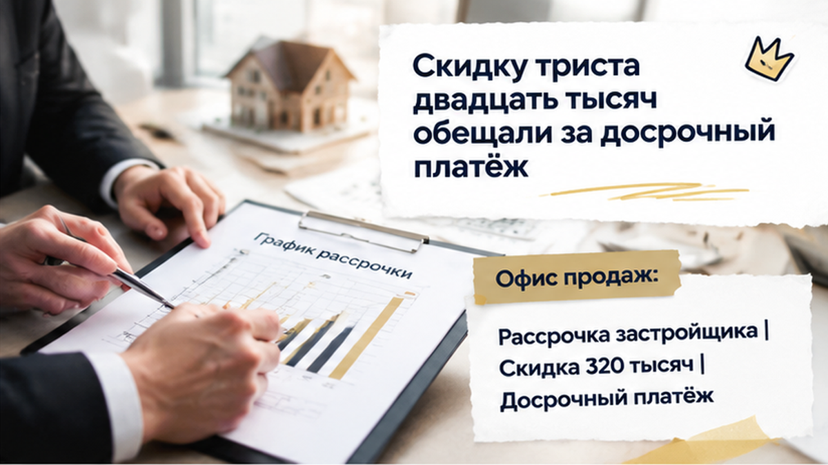 реалистичный кадр (без лица хоста) к разделу «Скидку триста двадцать тысяч обещали за досрочн…» в Тюмени — иллюстрация к кейсу о сделке.