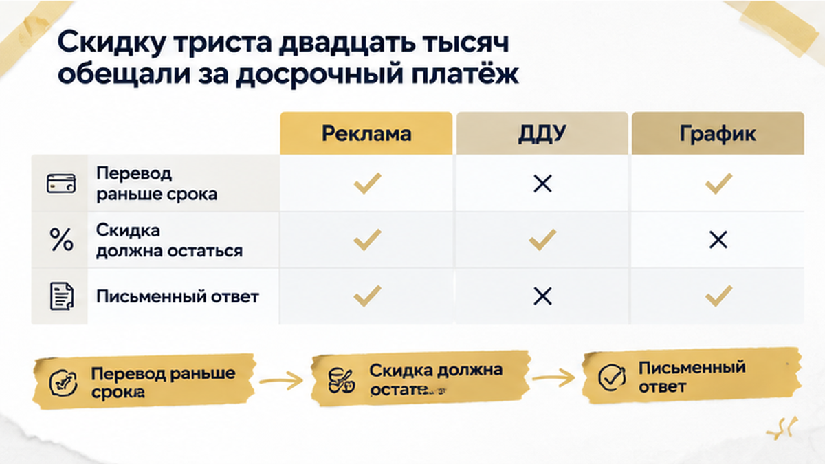 сравнительная таблица с колонками по новостройке в Тюмени: Перевод раньше срока, Скидка должна остаться, Письменный ответ — иллюстрация к…