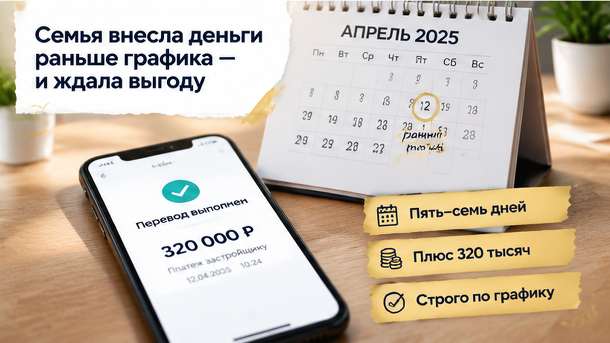 реалистичный кадр (без лица хоста) к разделу «Семья внесла деньги раньше графика — и ждала вы…» в Тюмени — иллюстрация к кейсу о сделке.