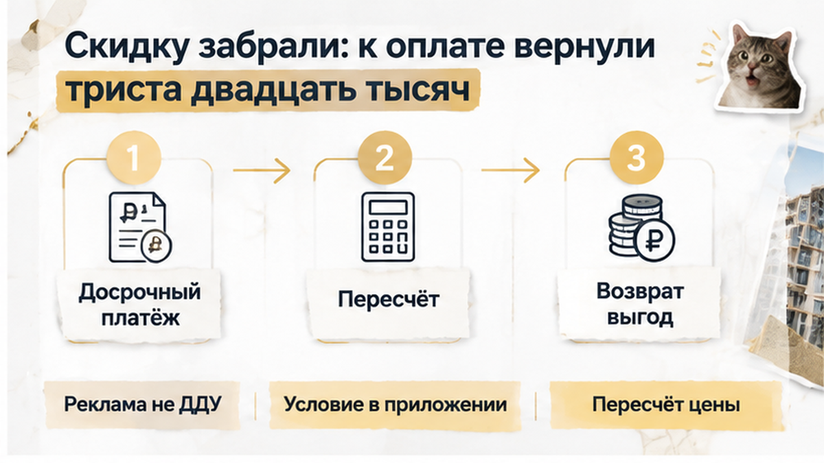нумерованный процесс / таймлайн по новостройке в Тюмени: Реклама не ДДУ, Условие в приложении, Пересчёт цены — иллюстрация к разбору сделки.