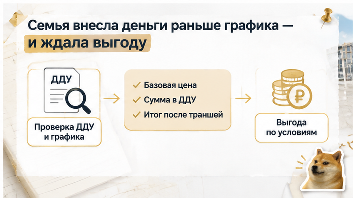 схема устройства механизма по новостройке в Тюмени: Базовая цена, Сумма в ДДУ, Итог после траншей — иллюстрация к разбору сделки.