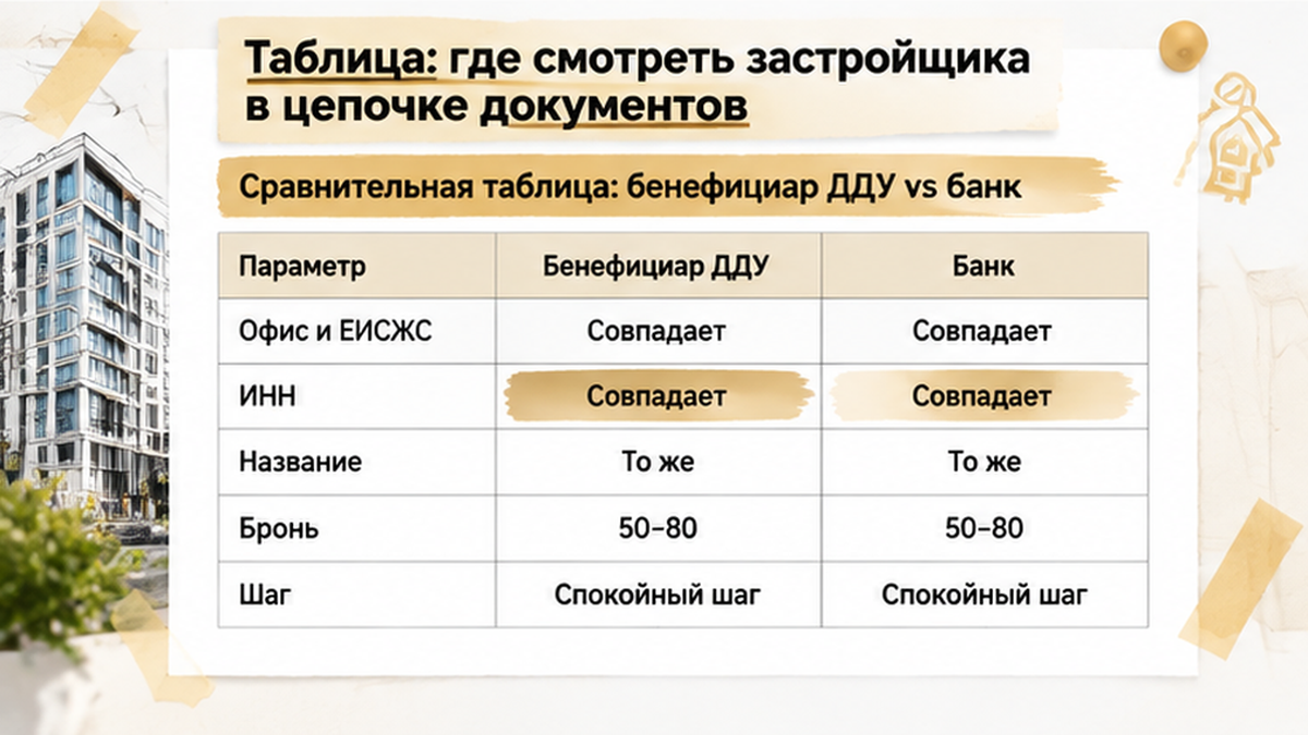 сравнительная таблица с колонками по новостройке в Тюмени: Офис и ЕИСЖС, ИНН совпадают, Название то же — иллюстрация к разбору сделки.