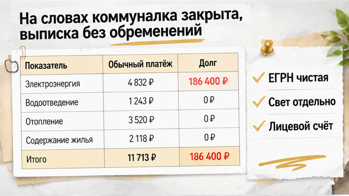 сравнительная таблица с колонками по новостройке в Тюмени: ЕГРН чистая, Свет отдельно, Лицевой счёт — иллюстрация к разбору сделки.