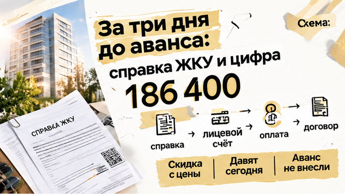 реалистичный кадр (без лица хоста) к разделу «За три дня до аванса: справка ЖКУ и цифра 186 4…» в Тюмени — иллюстрация к кейсу о сделке.