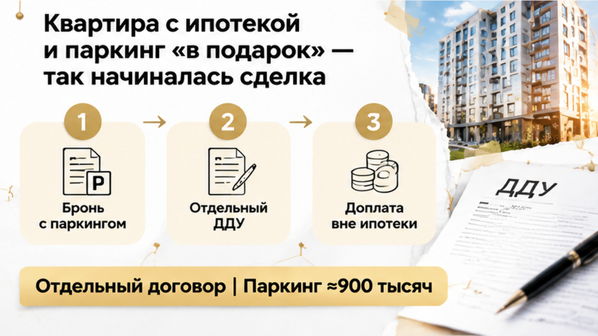 нумерованный процесс / таймлайн по новостройке в Тюмени: Отдельный договор, Паркинг ≈900 тысяч — иллюстрация к разбору сделки.