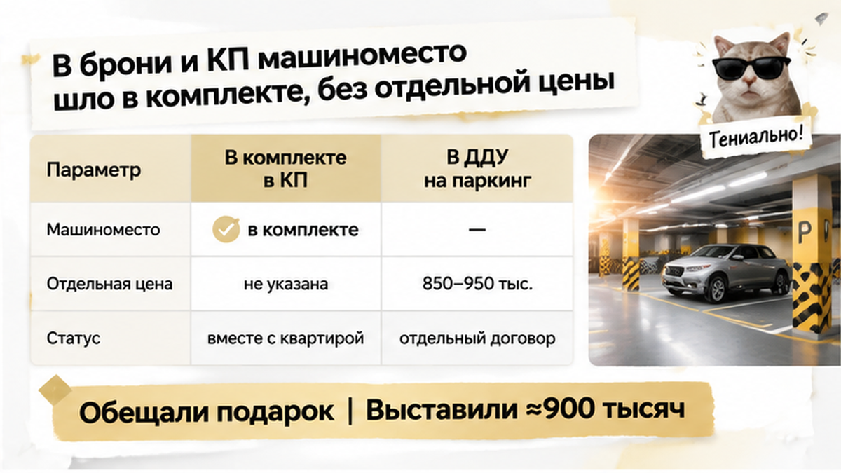 сравнительная таблица с колонками по новостройке в Тюмени: Обещали подарок, Выставили ≈900 тысяч — иллюстрация к разбору сделки.
