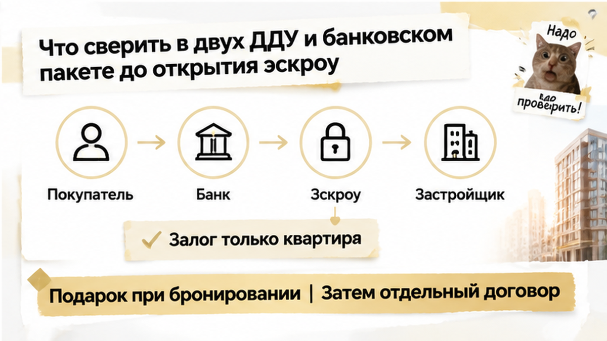 схема устройства механизма по новостройке в Тюмени: Подарок при бронировании, Затем отдельный договор — иллюстрация к разбору сделки.