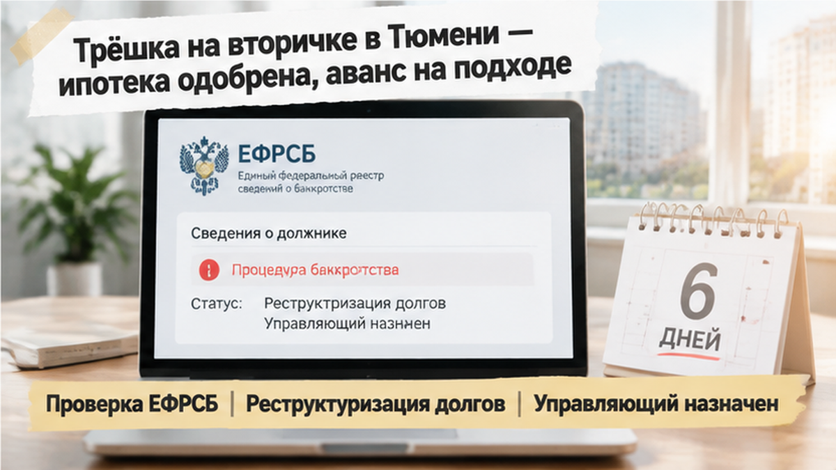 реалистичный кадр (без лица хоста) к разделу «Трёшка на вторичке в Тюмени — ипотека одобрена,…» в Тюмени — иллюстрация к кейсу о сделке.