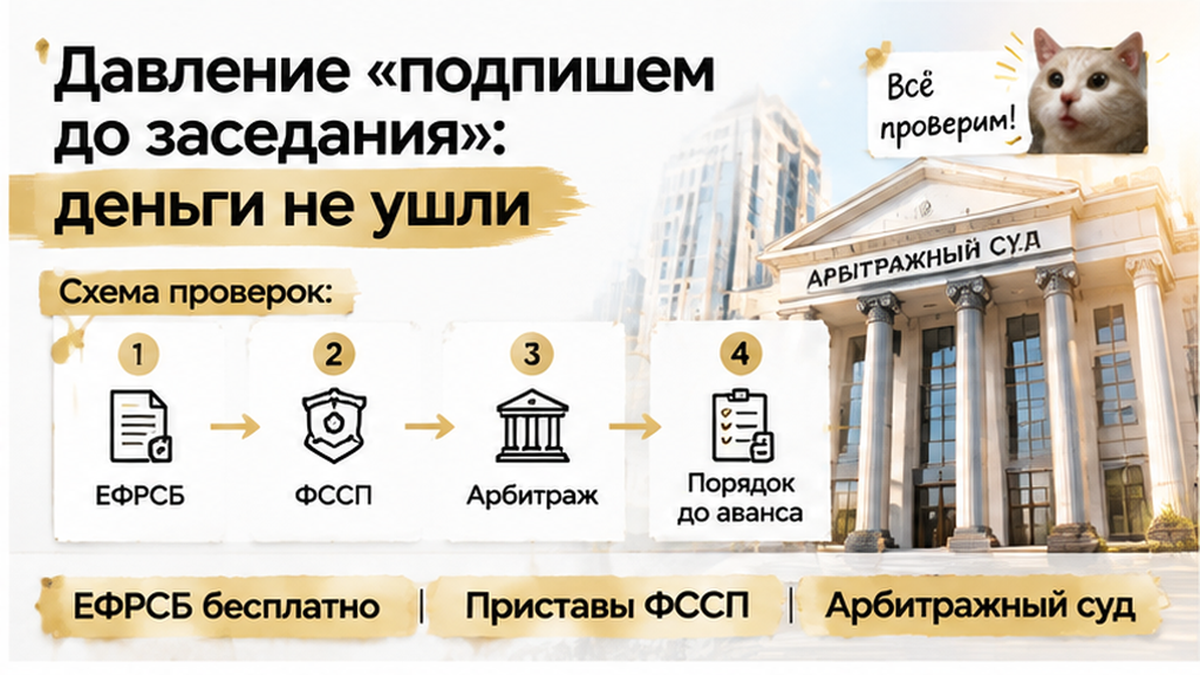 нумерованный процесс / таймлайн по новостройке в Тюмени: ЕФРСБ бесплатно, Приставы ФССП, Арбитражный суд — иллюстрация к разбору сделки.