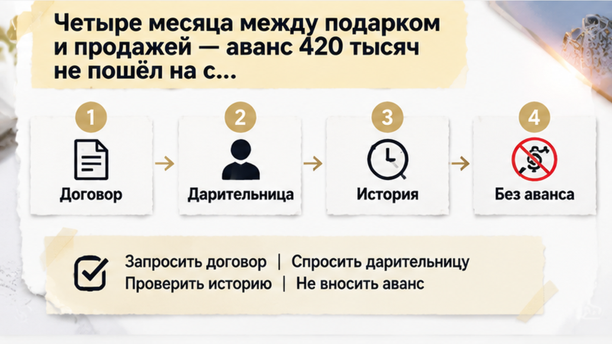 нумерованный процесс / таймлайн по новостройке в Тюмени: Запросить договор, Спросить дарительницу, Проверить историю — иллюстрация к…