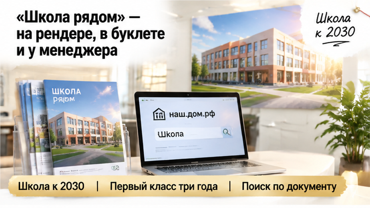 реалистичный кадр (без лица хоста) к разделу ««Школа рядом» — на рендере, в буклете и у менед…» — иллюстрация к кейсу о сделке.