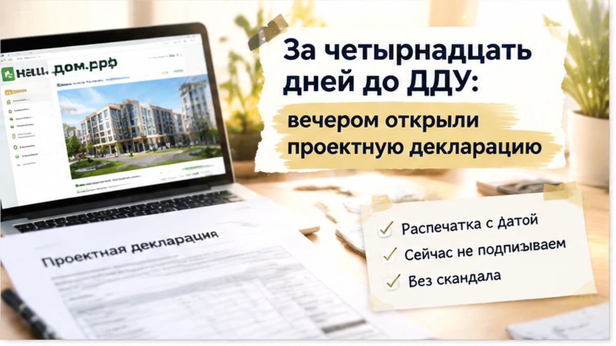реалистичный кадр (без лица хоста) к разделу «За четырнадцать дней до ДДУ: вечером открыли пр…» — иллюстрация к кейсу о сделке.